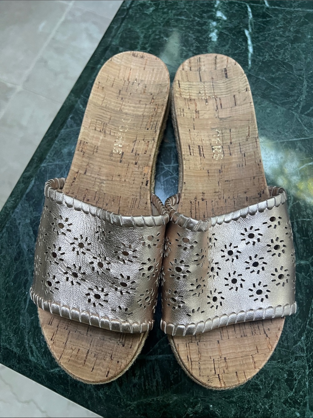 Jack Rogers Metallic Rose Gold Cork Slide Sandals